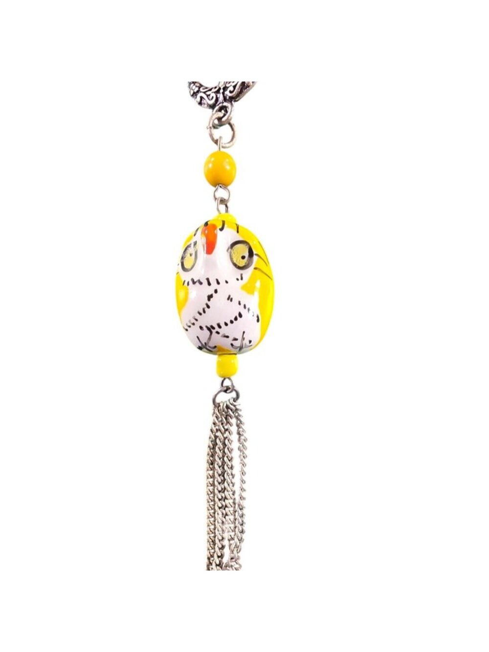 Yellow Owl Pendant Necklace Silver Chain & Tassel Accent boho jewelry